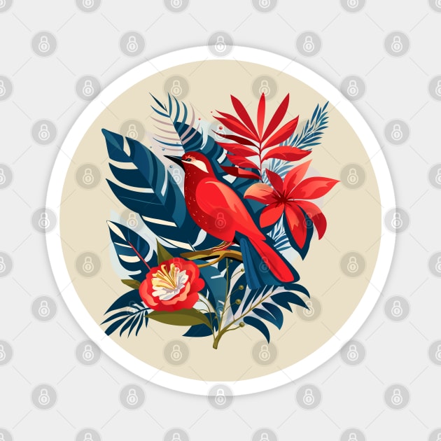 Red bird and exotic flowers Christmas decoration floral Boho chic design Magnet by sofiartmedia